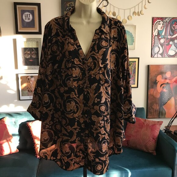 TORRID size 3 Black & Golden Brown Floral Print Georgette Tunic Blouse - Picture 3 of 5